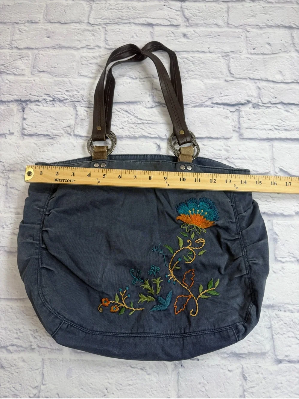 Vintage Fossil Dark Blue Embroidered Hobo/Shoulder Tote Bag